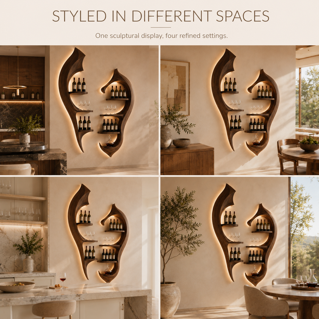 Solid Wood Wall Wine Rack with Glass Holder - River Form - product image 11