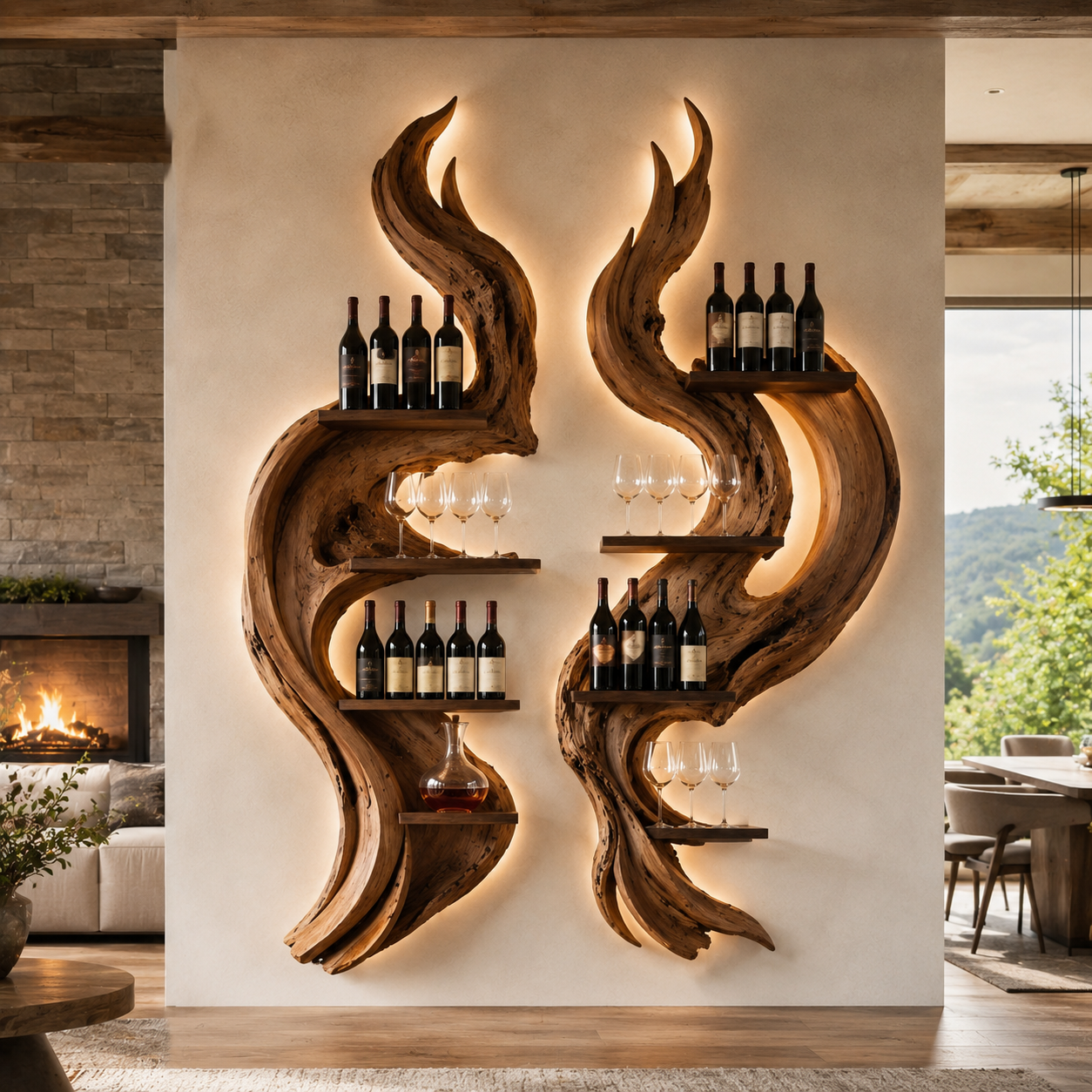 Solid Wood Wall Wine Rack with Glass Holder - Cellular Display - main view