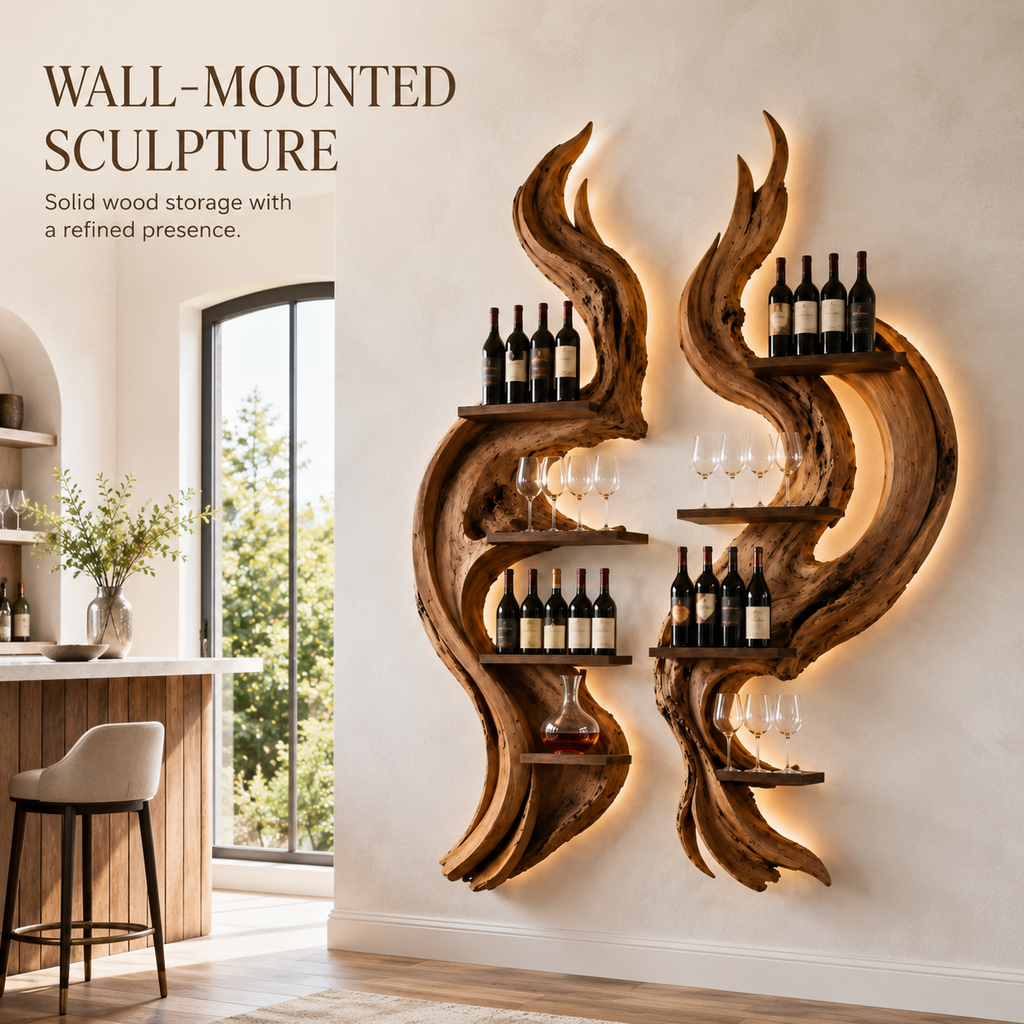 Solid Wood Wall Wine Rack with Glass Holder - Cellular Display - product image 03