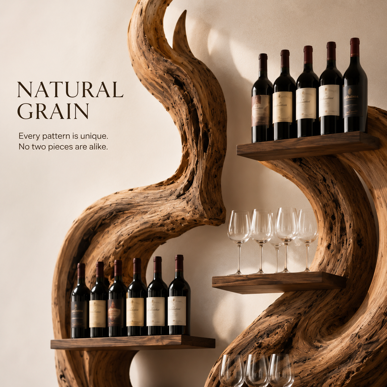 Solid Wood Wall Wine Rack with Glass Holder - Cellular Display - product image 05