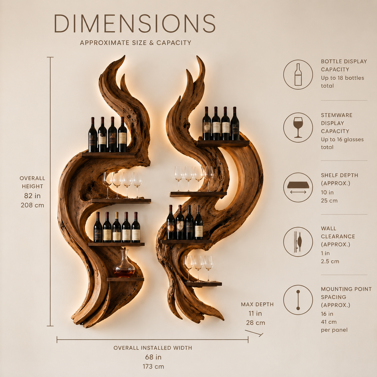 Solid Wood Wall Wine Rack with Glass Holder - Cellular Display - product image 08