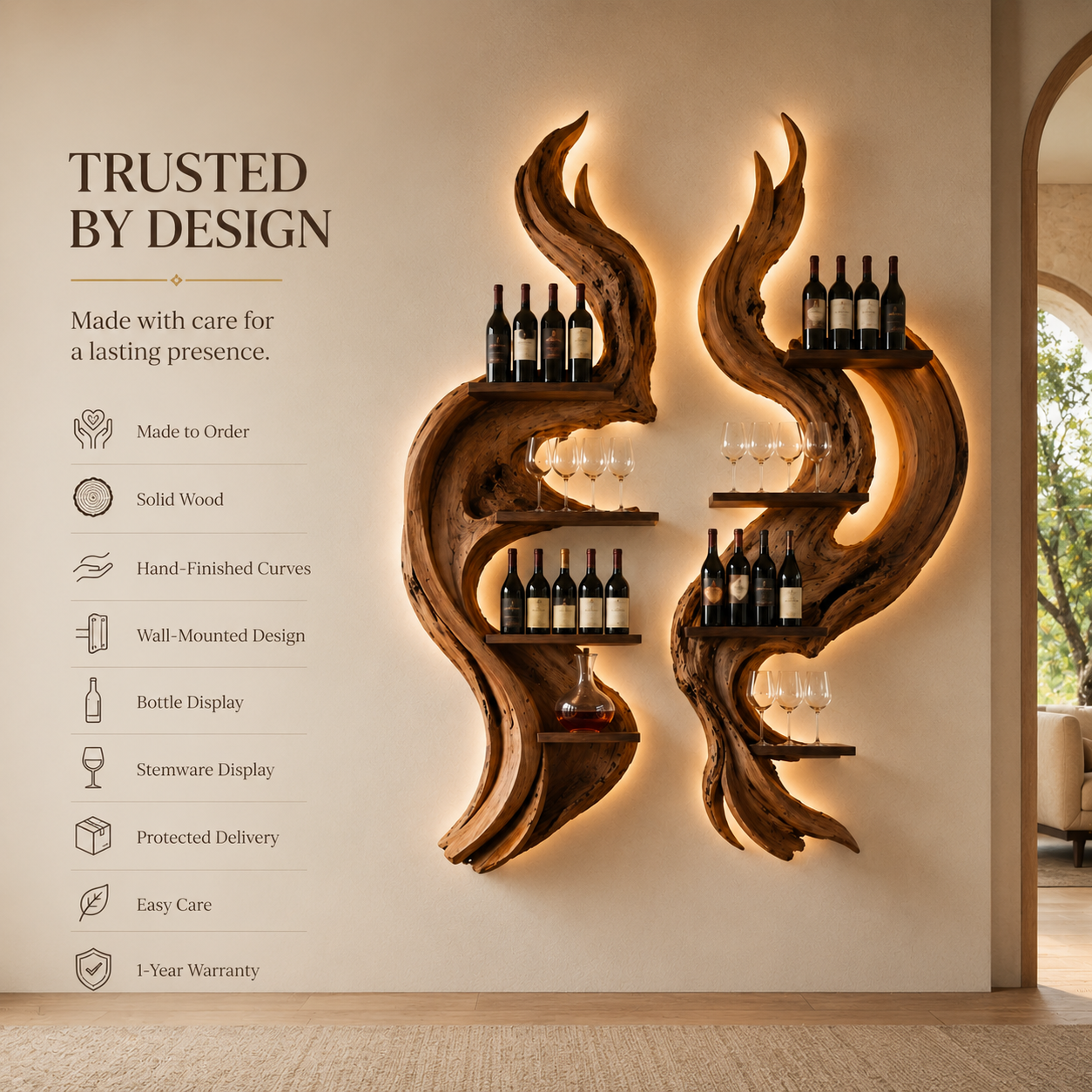 Solid Wood Wall Wine Rack with Glass Holder - Cellular Display - product image 09