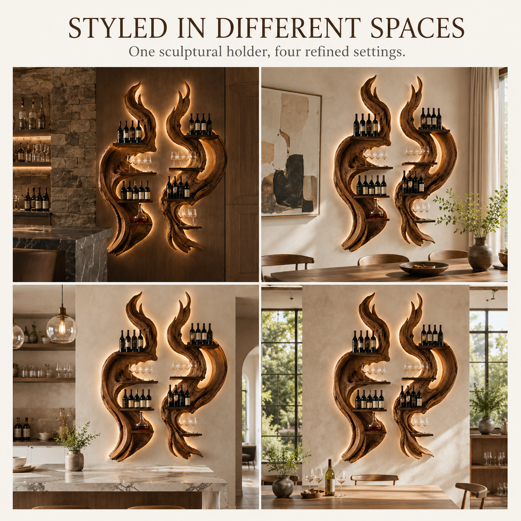 Solid Wood Wall Wine Rack with Glass Holder - Cellular Display - product image 10