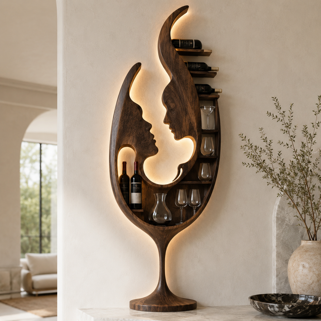 Solid Wood Wall Wine Rack with Glass Holder - Gallery Wave - main view