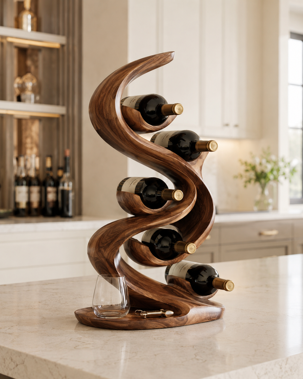 Solid Wood Wall Wine Rack with Glass Holder - Carved Halo - main view