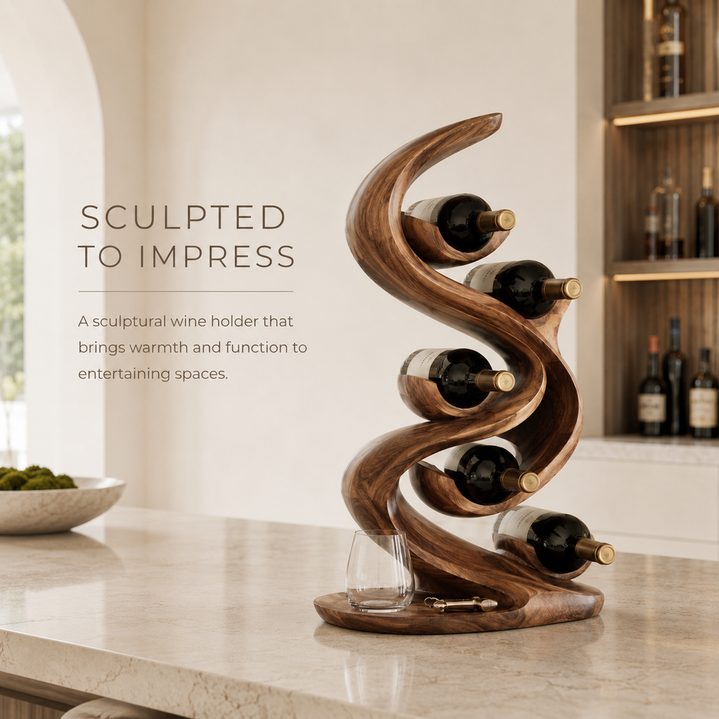 Solid Wood Wall Wine Rack with Glass Holder - Carved Halo - product image 02
