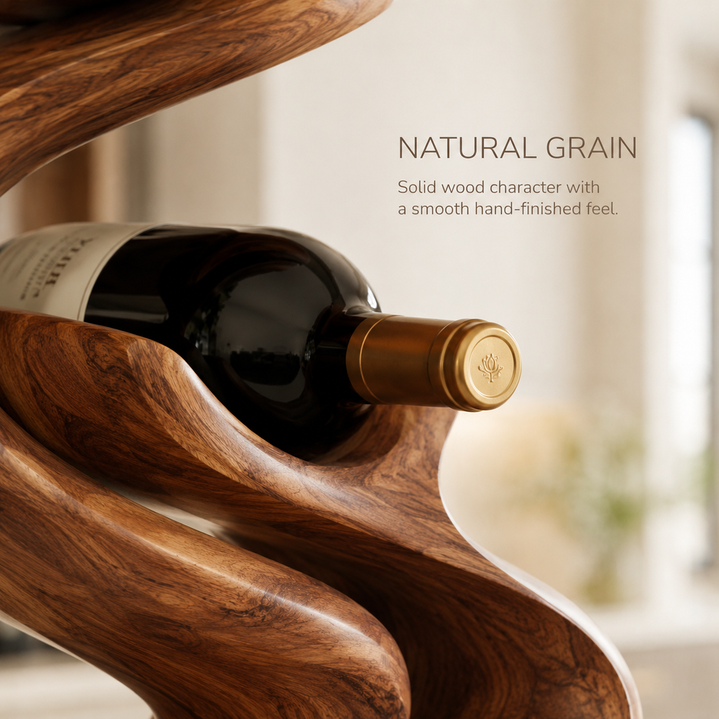 Solid Wood Wall Wine Rack with Glass Holder - Carved Halo - product image 05