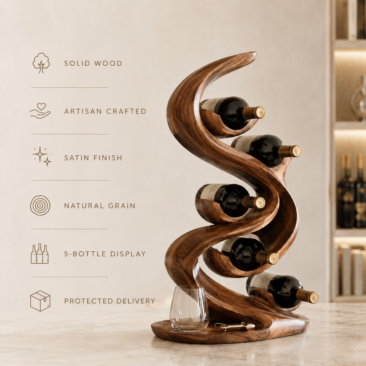Solid Wood Wall Wine Rack with Glass Holder - Carved Halo - product image 09