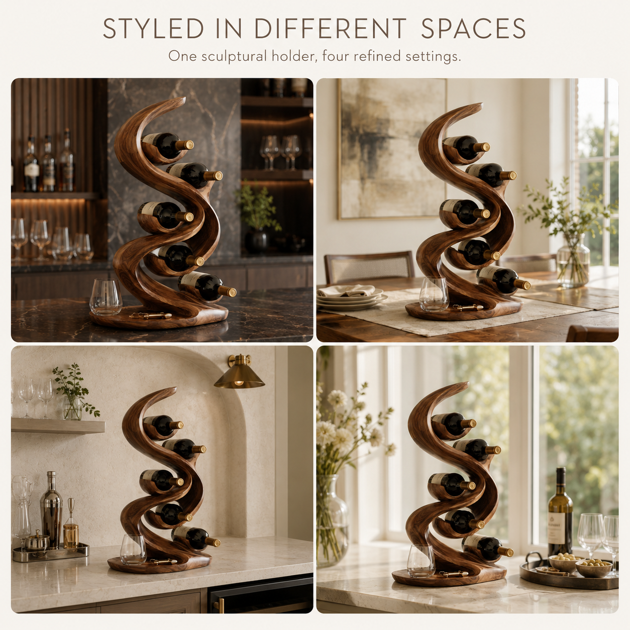 Solid Wood Wall Wine Rack with Glass Holder - Carved Halo - product image 10