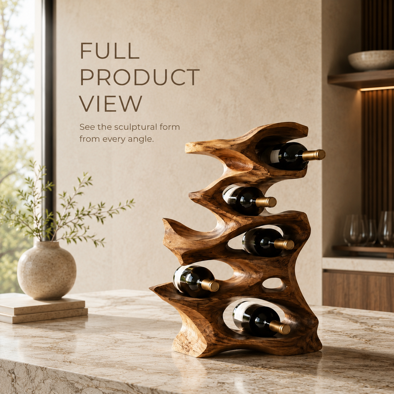 Solid Wood Wall Wine Rack with Glass Holder - Root Form - product image 03