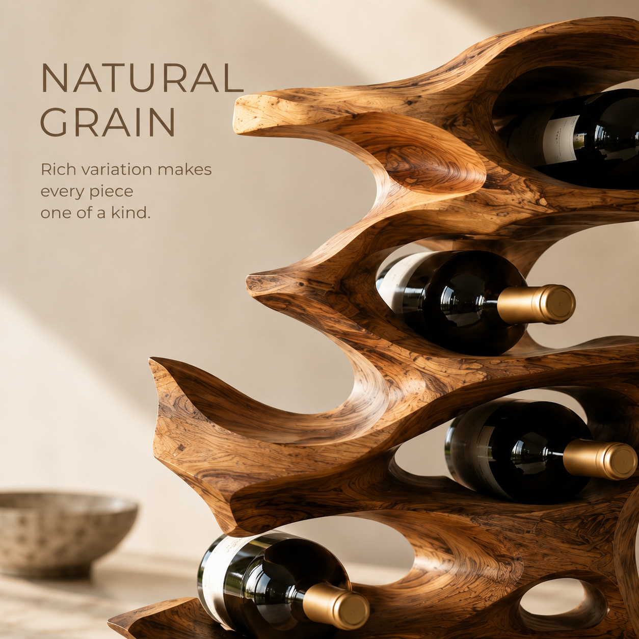 Solid Wood Wall Wine Rack with Glass Holder - Root Form - product image 05