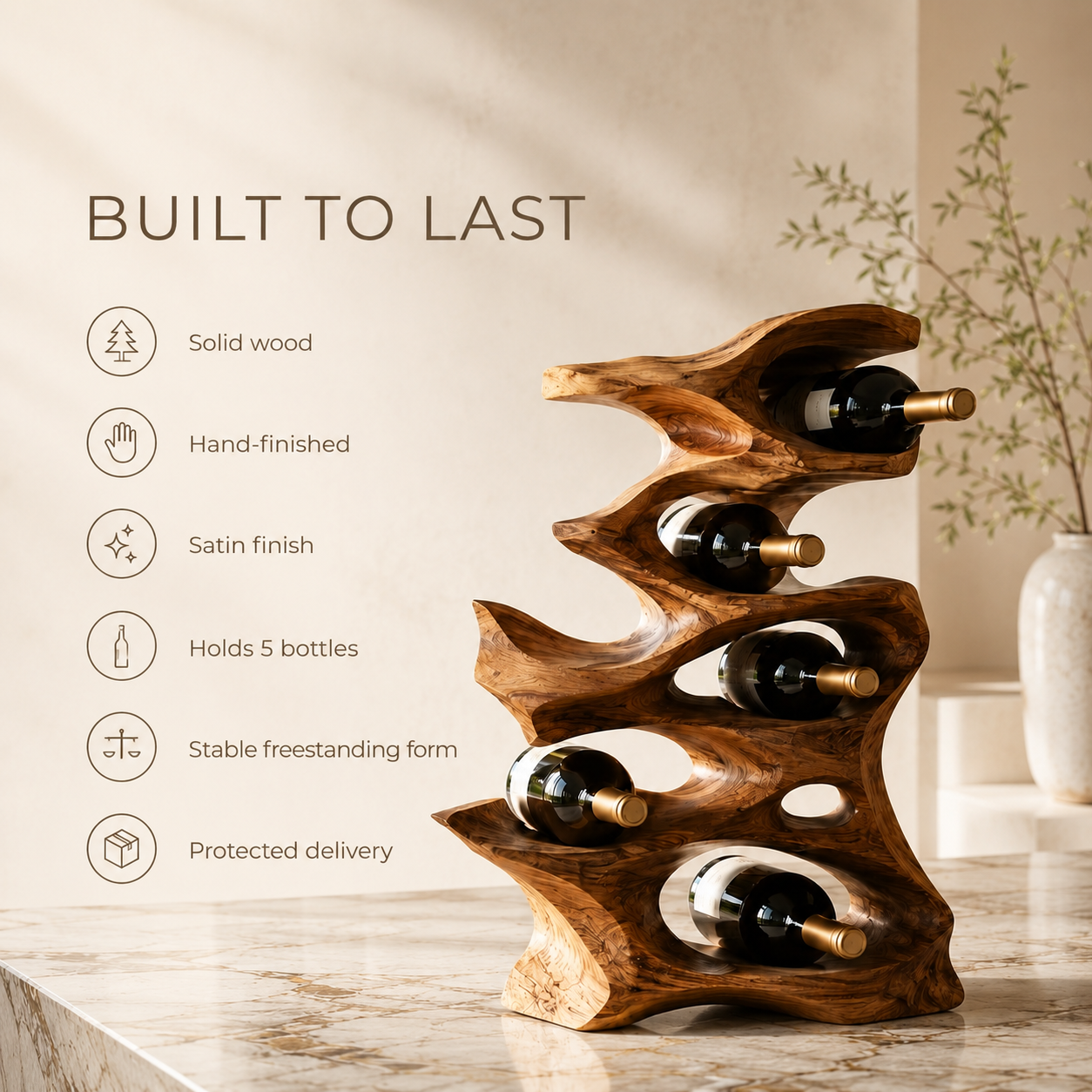 Solid Wood Wall Wine Rack with Glass Holder - Root Form - product image 09