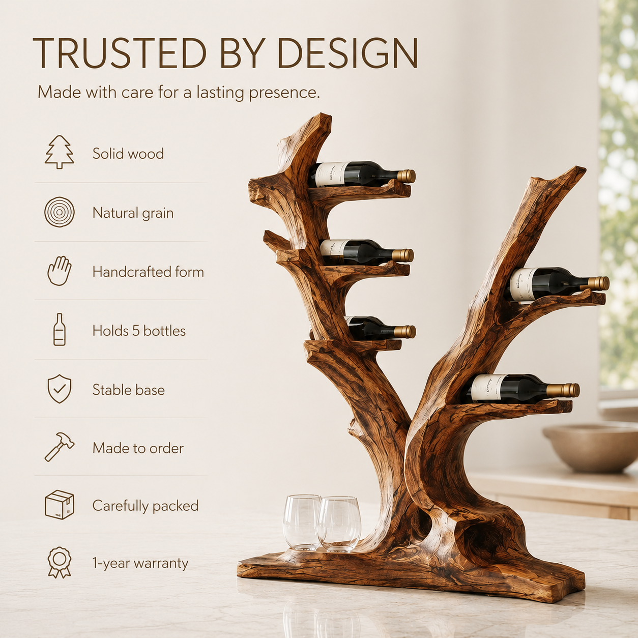 Solid Wood Wall Wine Rack with Glass Holder - Crescent Wall - product image 09