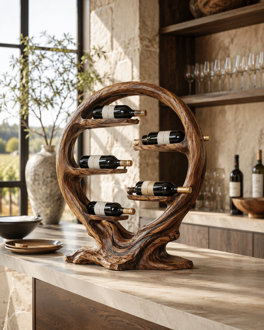 Solid Wood Wall Wine Rack with Glass Holder - Floating Rail - main view