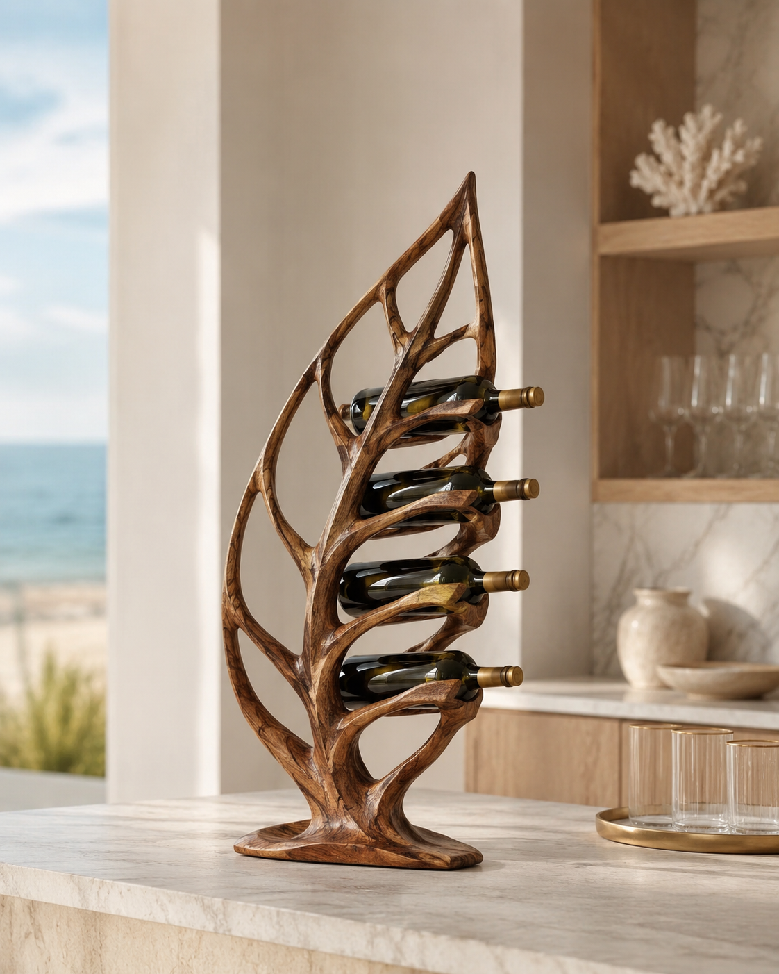 Solid Wood Wall Wine Rack with Glass Holder - River Form - main view