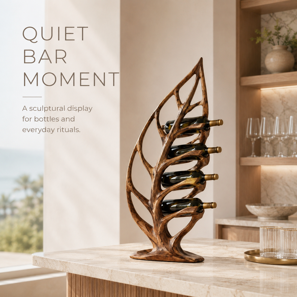 Solid Wood Wall Wine Rack with Glass Holder - River Form - product image 02