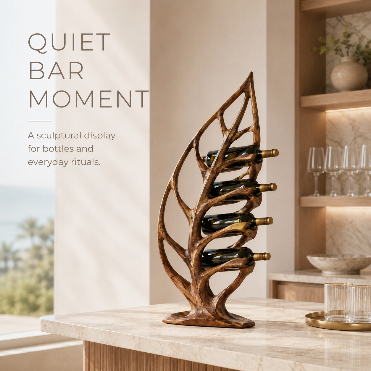 Solid Wood Wall Wine Rack with Glass Holder - River Form - product image 02