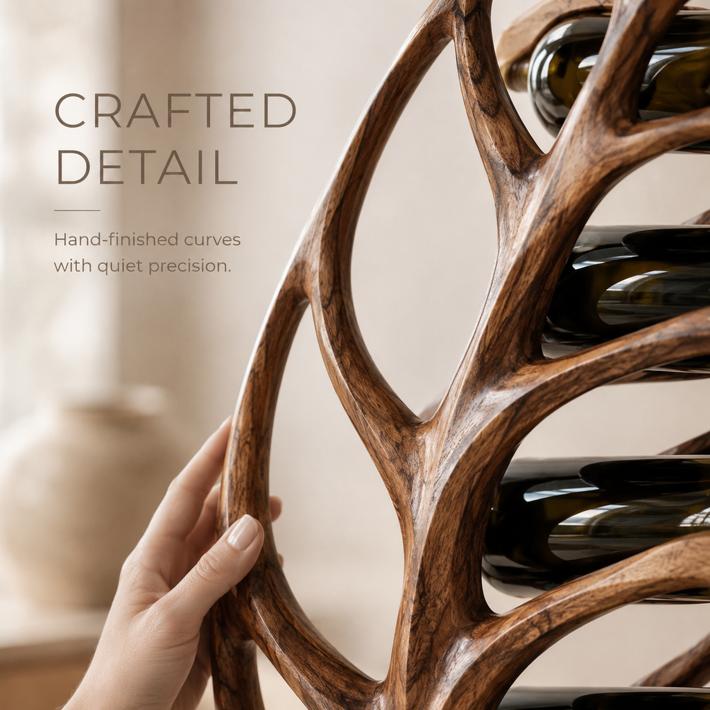 Solid Wood Wall Wine Rack with Glass Holder - River Form - product image 06