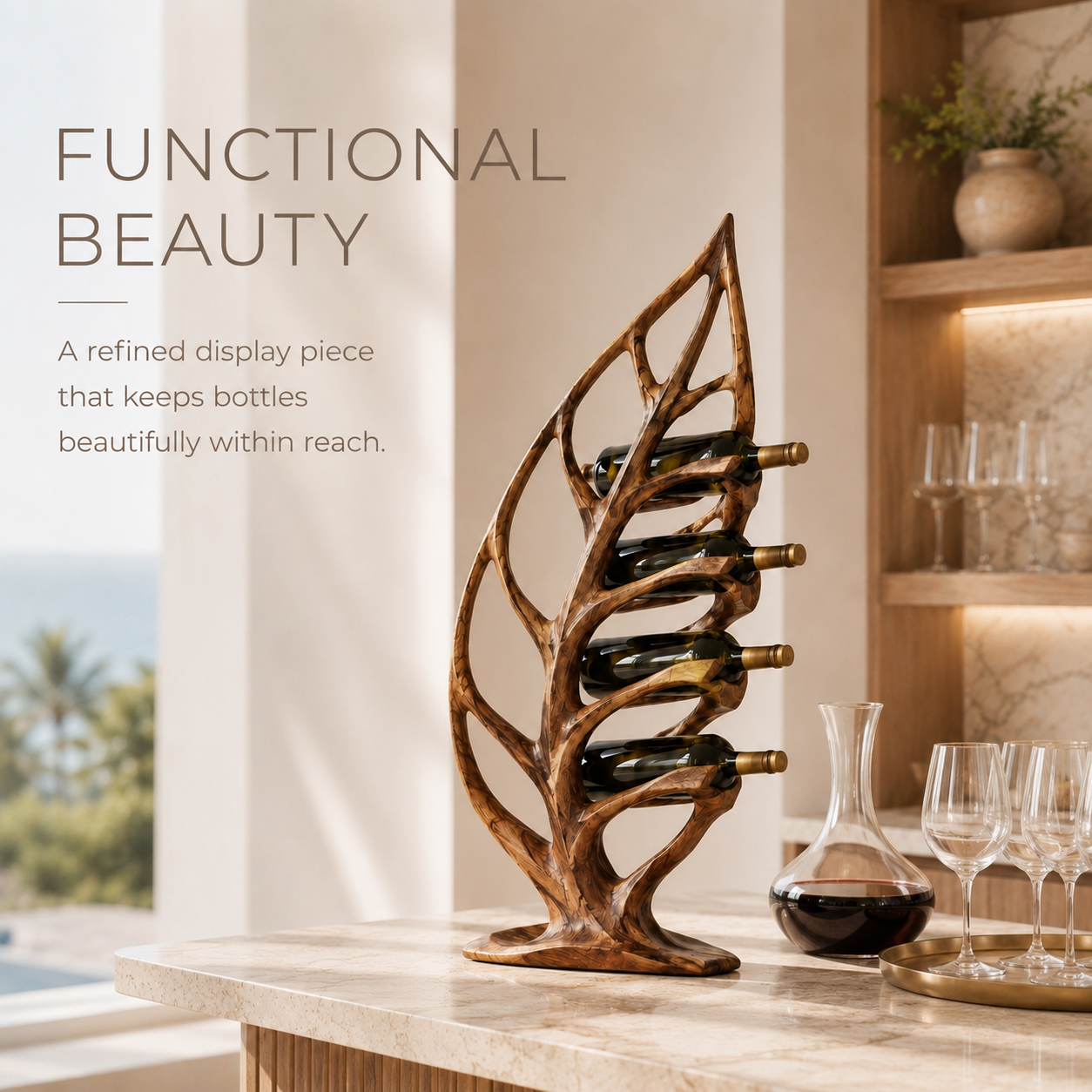 Solid Wood Wall Wine Rack with Glass Holder - River Form - product image 07