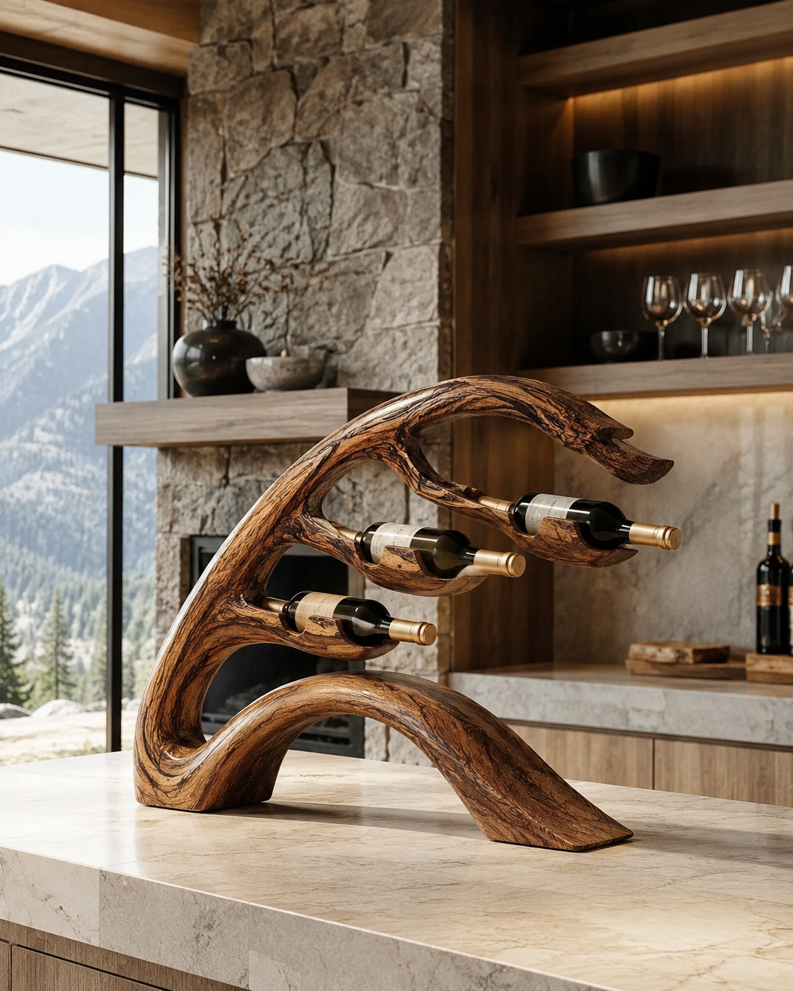 Solid Wood Wall Wine Rack with Glass Holder - Carved Halo - main view