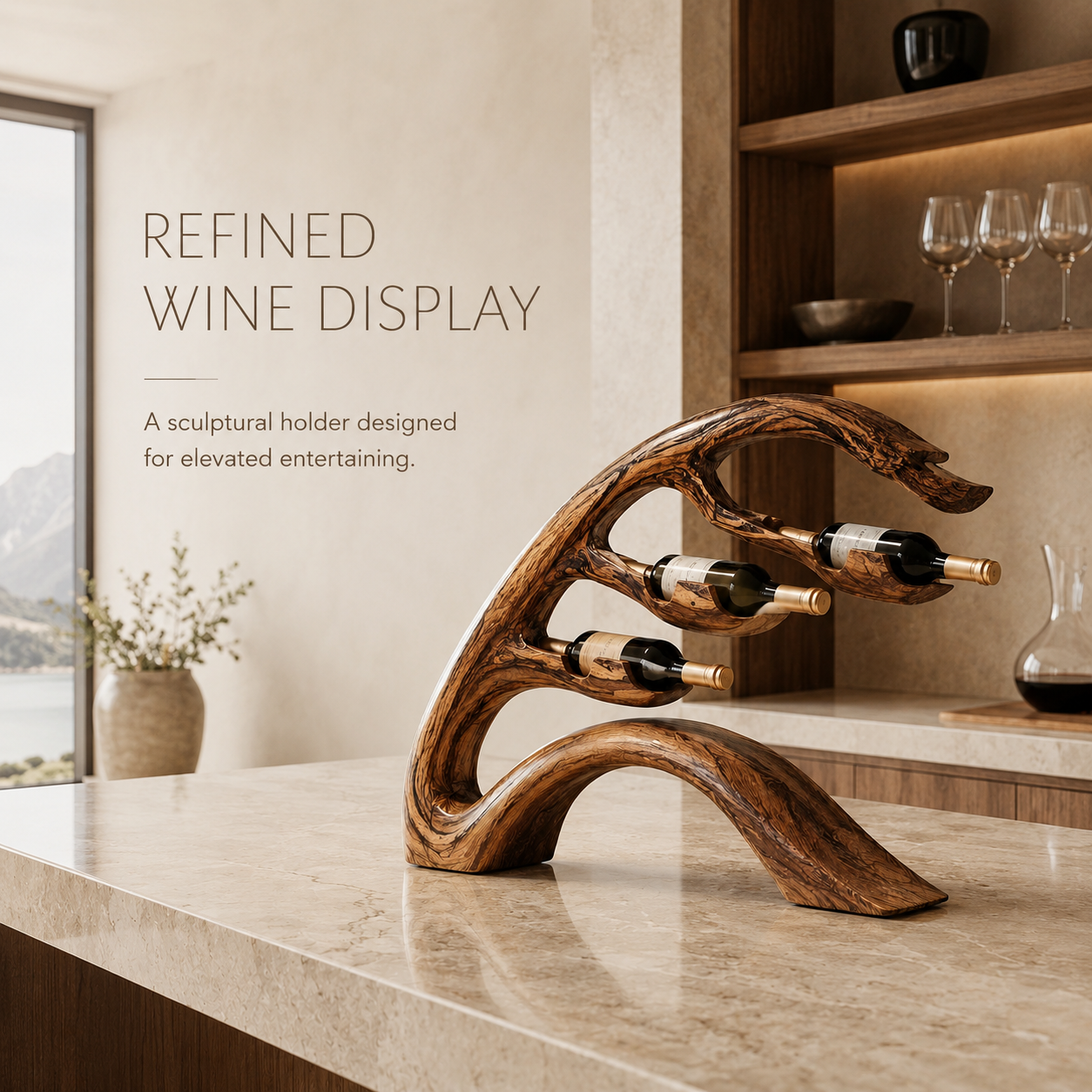 Solid Wood Wall Wine Rack with Glass Holder - Carved Halo - product image 02