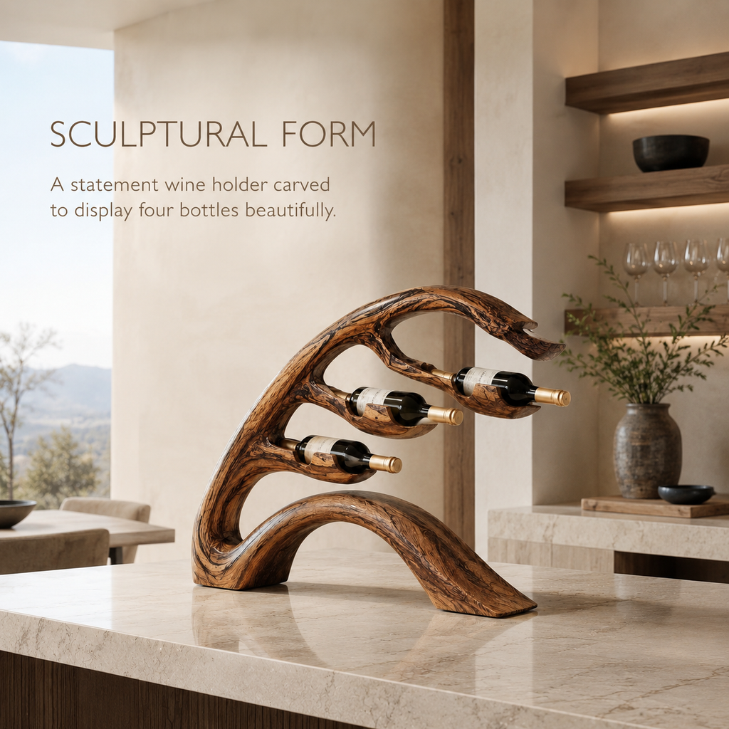 Solid Wood Wall Wine Rack with Glass Holder - Carved Halo - product image 03