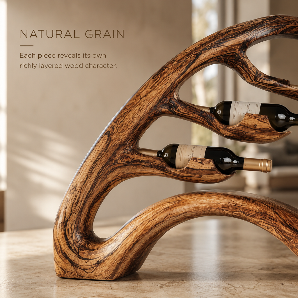 Solid Wood Wall Wine Rack with Glass Holder - Carved Halo - product image 05