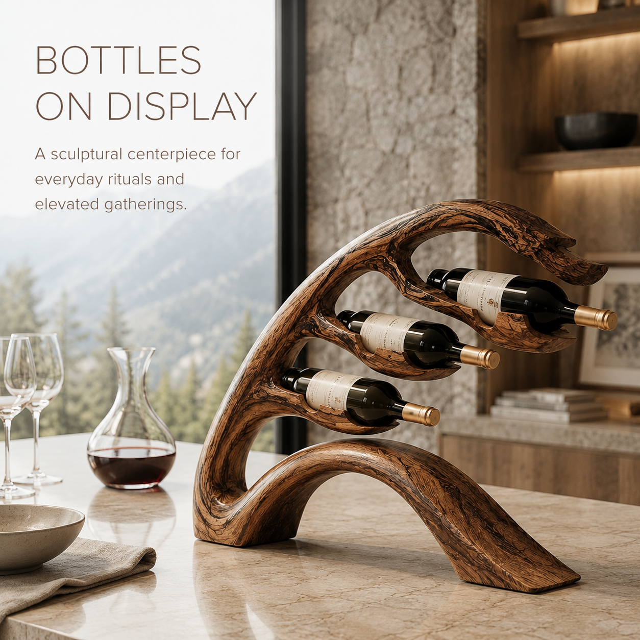 Solid Wood Wall Wine Rack with Glass Holder - Carved Halo - product image 07