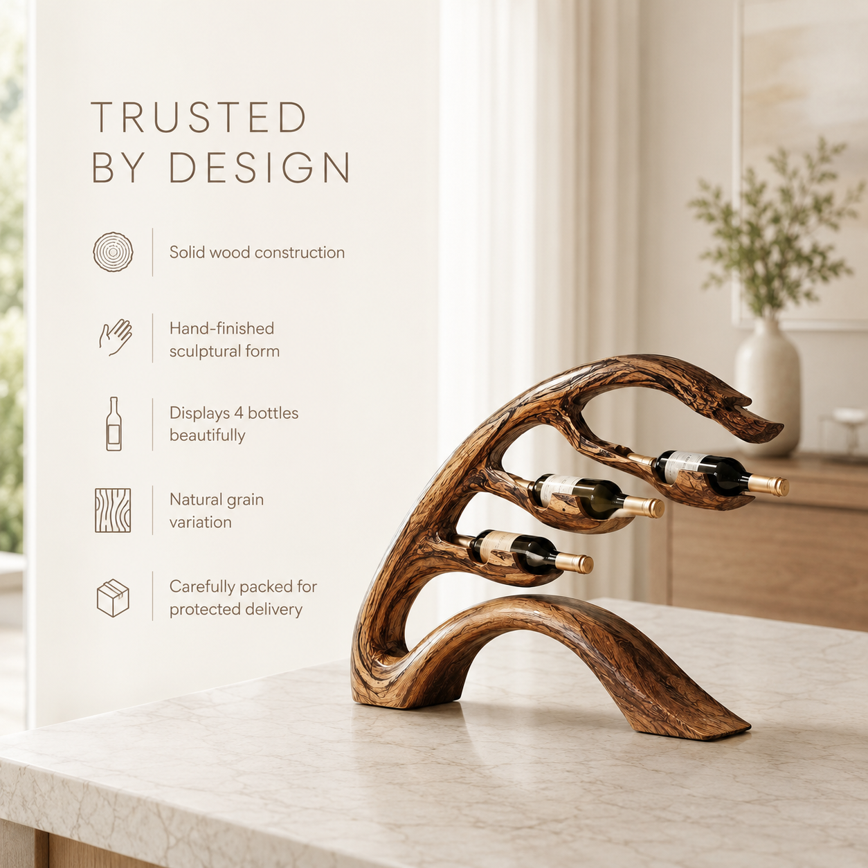 Solid Wood Wall Wine Rack with Glass Holder - Carved Halo - product image 09