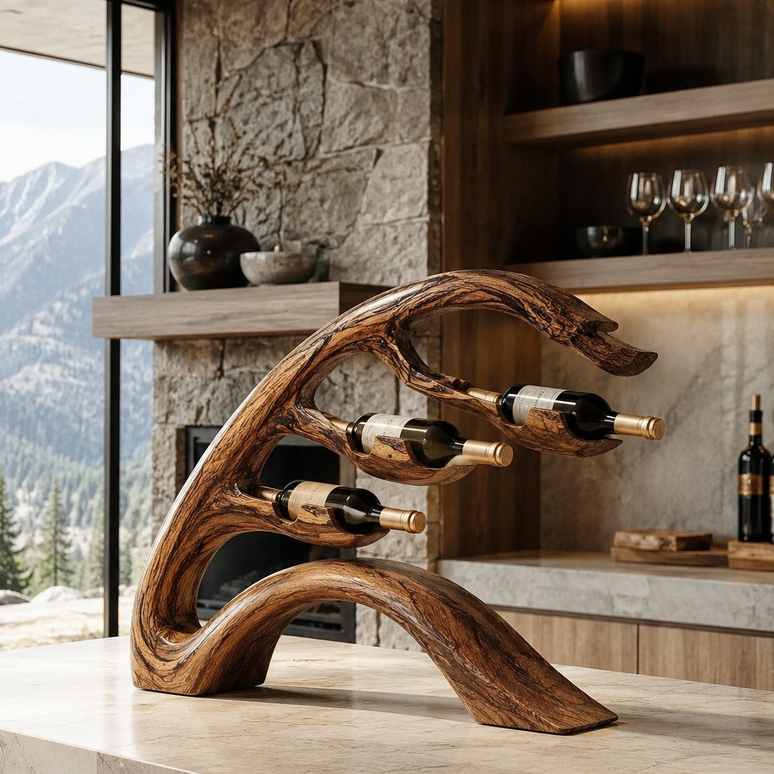 Solid Wood Wall Wine Rack with Glass Holder - Carved Halo - Design 232 - square cover image