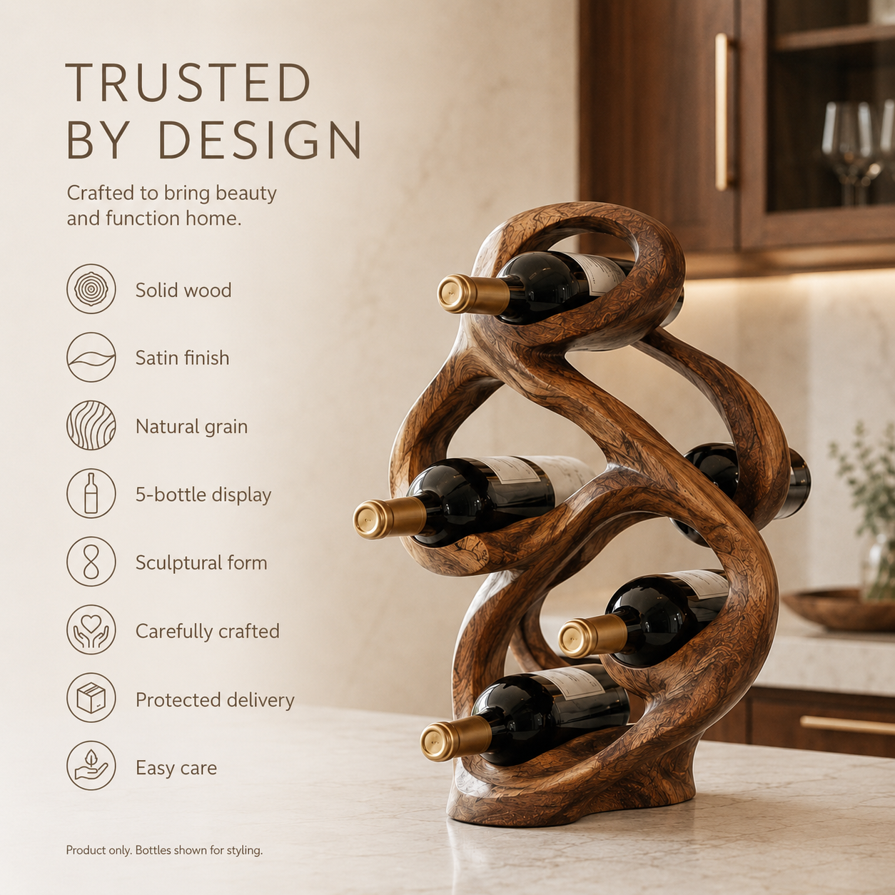 Solid Wood Wall Wine Rack with Glass Holder - Gallery Wave - product image 09