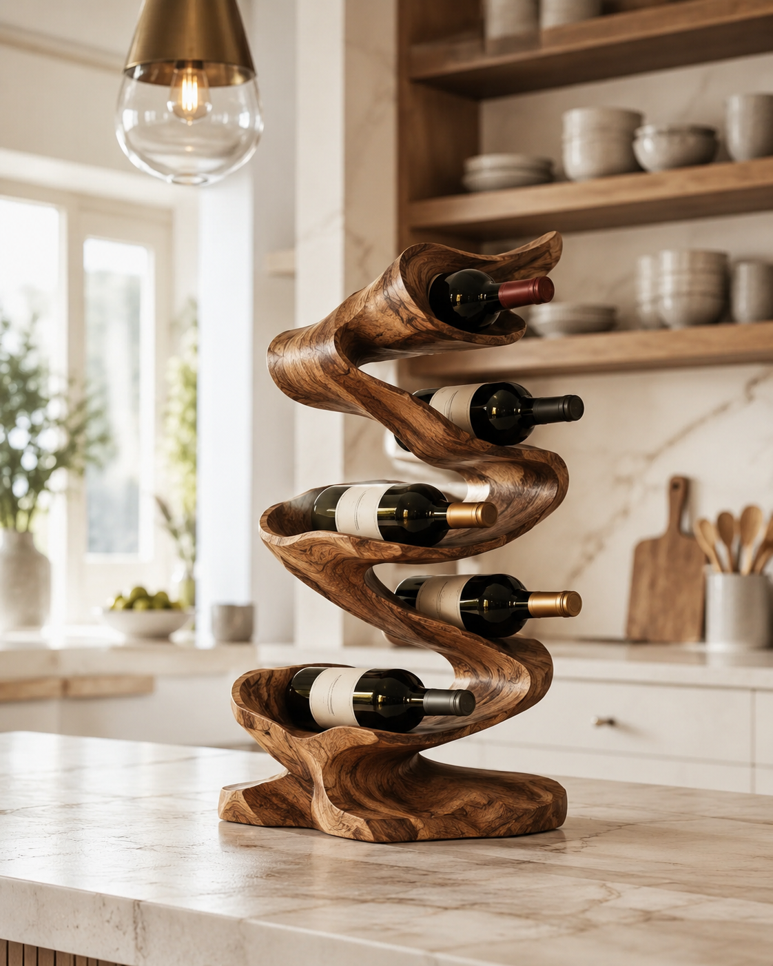 Solid Wood Wall Wine Rack with Glass Holder - Carved Halo - main view