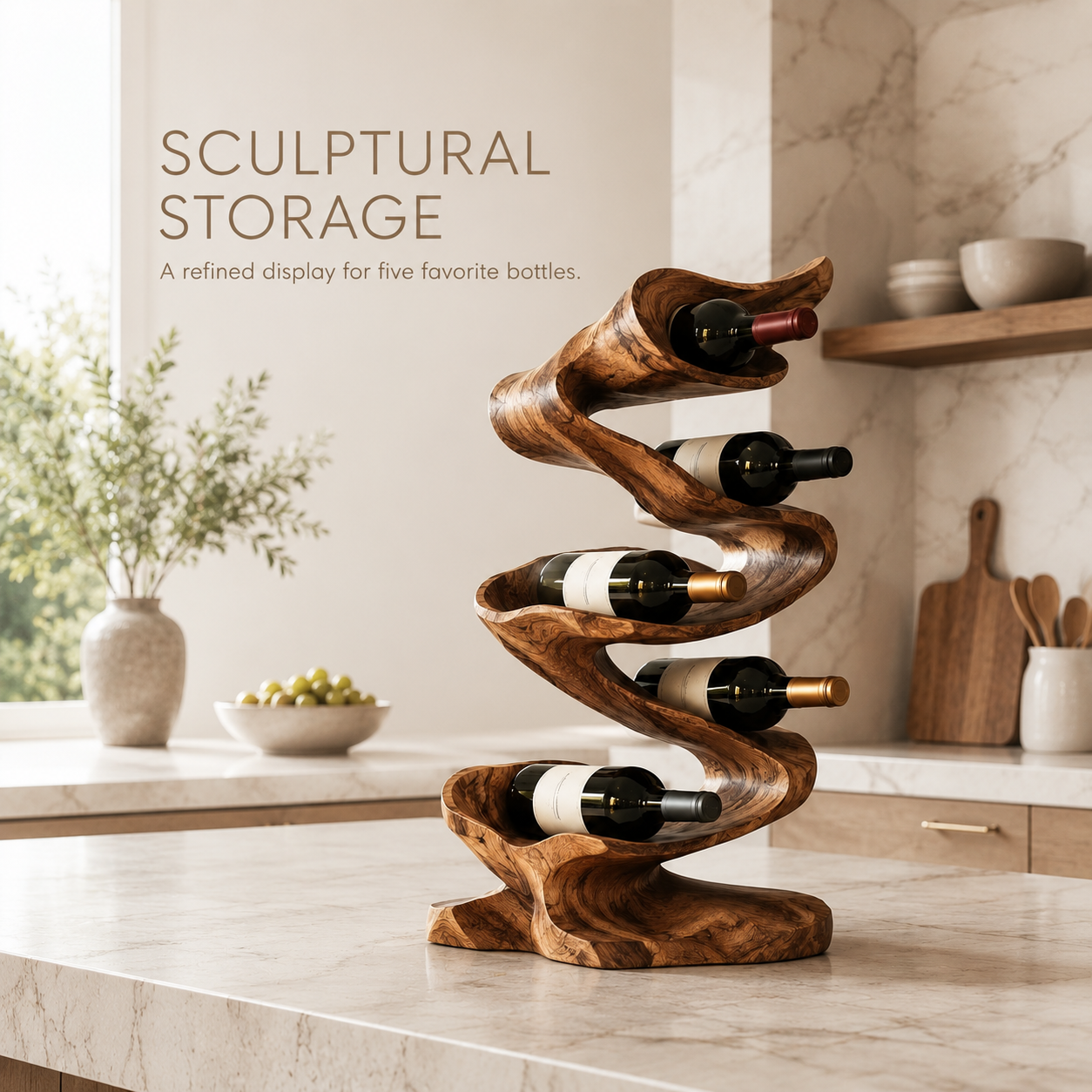 Solid Wood Wall Wine Rack with Glass Holder - Carved Halo - product image 02
