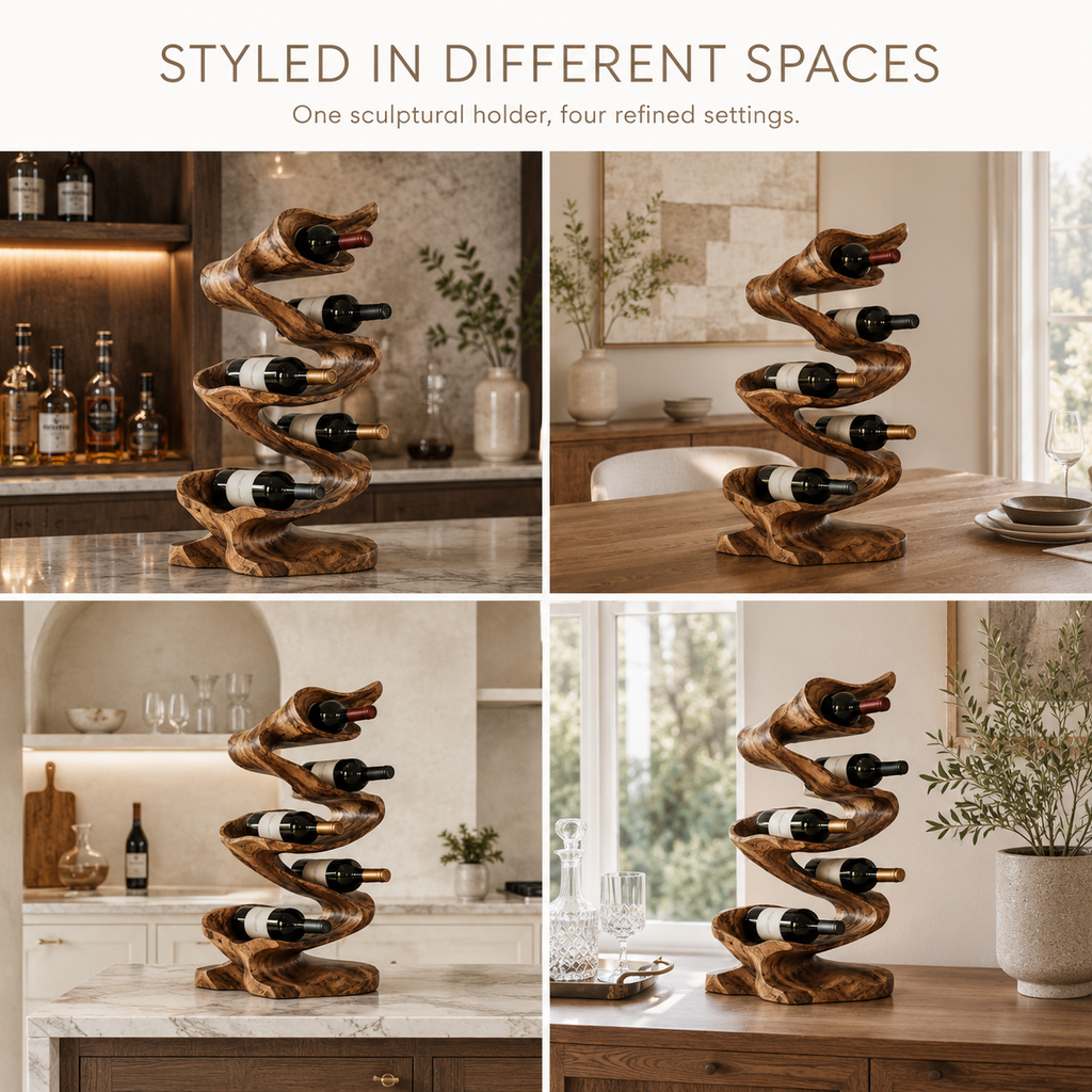 Solid Wood Wall Wine Rack with Glass Holder - Carved Halo - product image 10