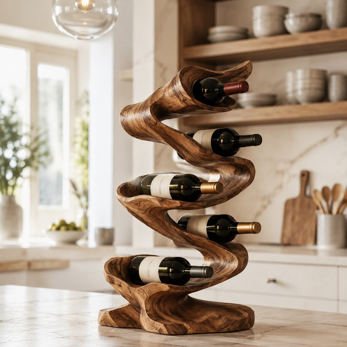 Solid Wood Wall Wine Rack with Glass Holder - Carved Halo - Design 245 - square cover image