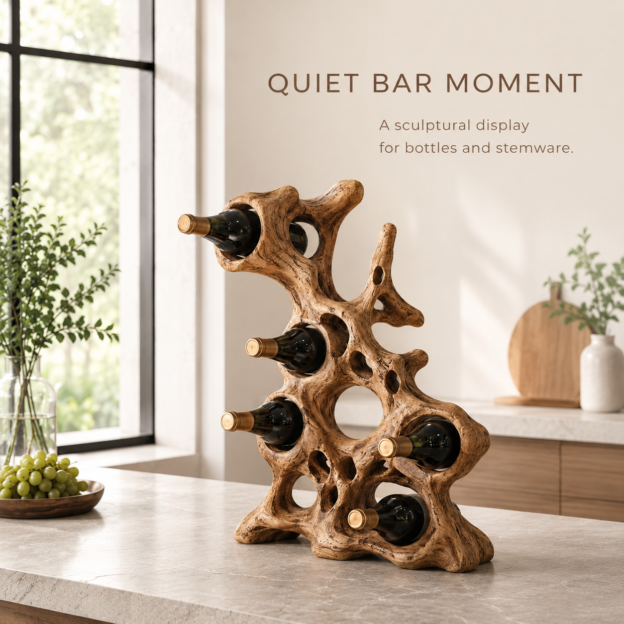 Solid Wood Wall Wine Rack with Glass Holder - Root Form - product image 02