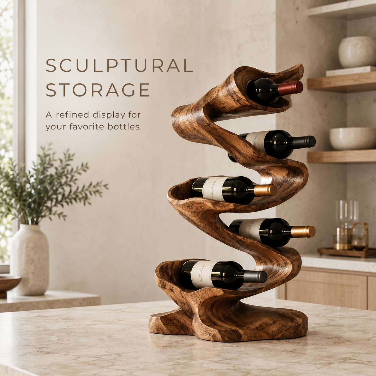 Solid Wood Wall Wine Rack with Glass Holder - River Form - product image 02