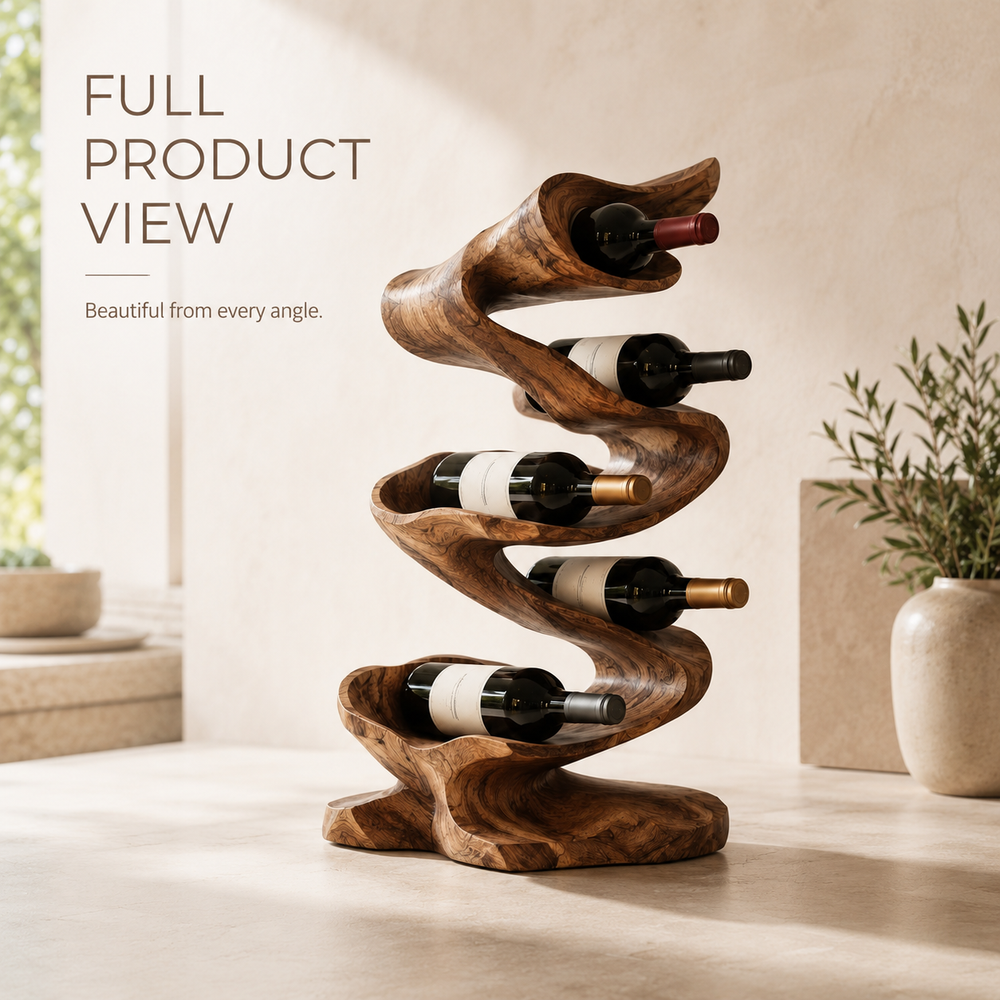 Solid Wood Wall Wine Rack with Glass Holder - River Form - product image 03