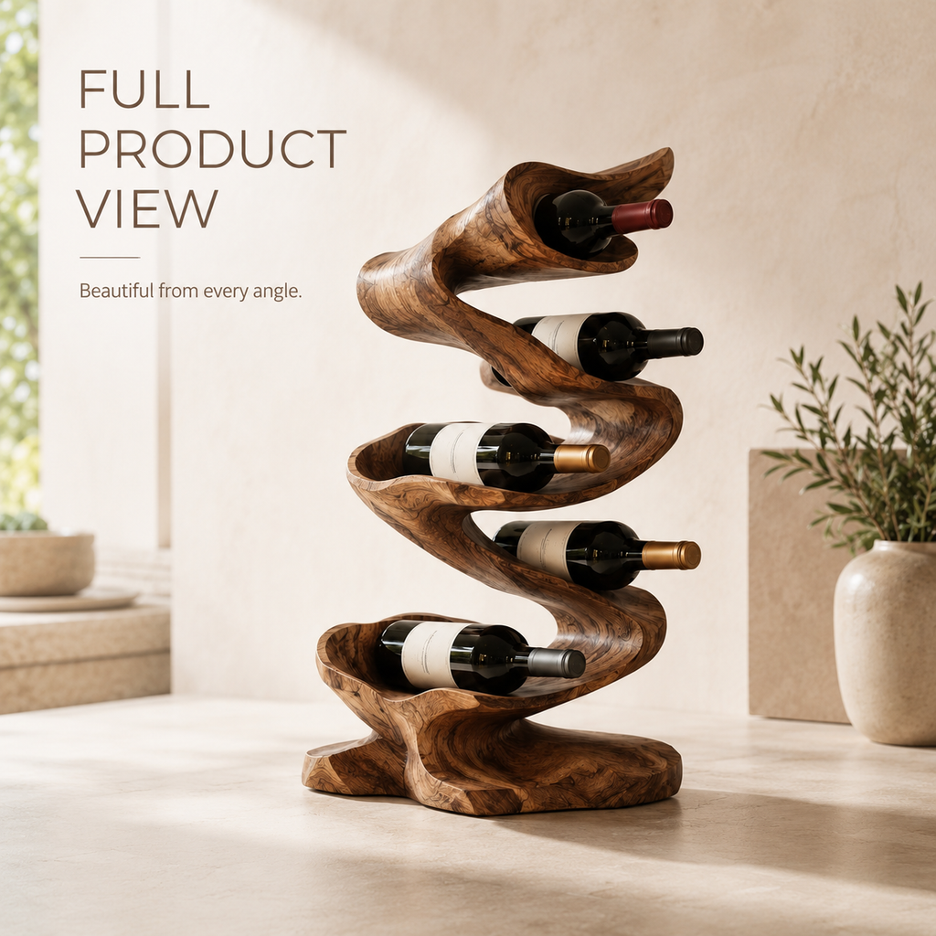 Solid Wood Wall Wine Rack with Glass Holder - River Form - product image 03