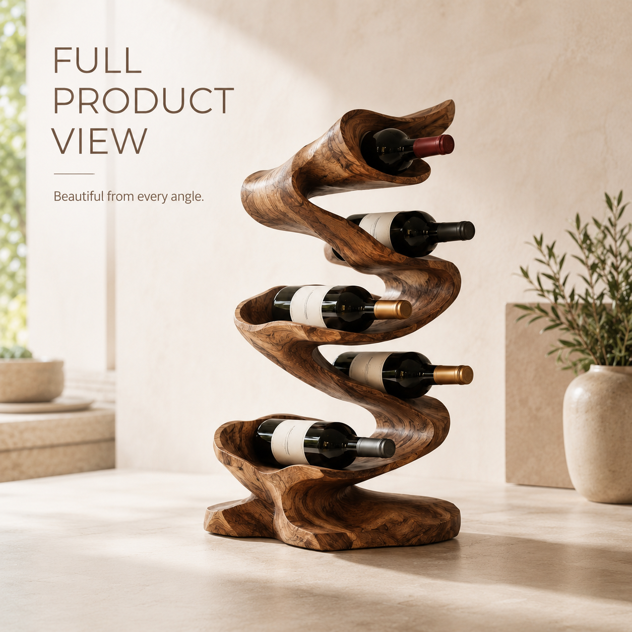 Solid Wood Wall Wine Rack with Glass Holder - River Form - product image 03