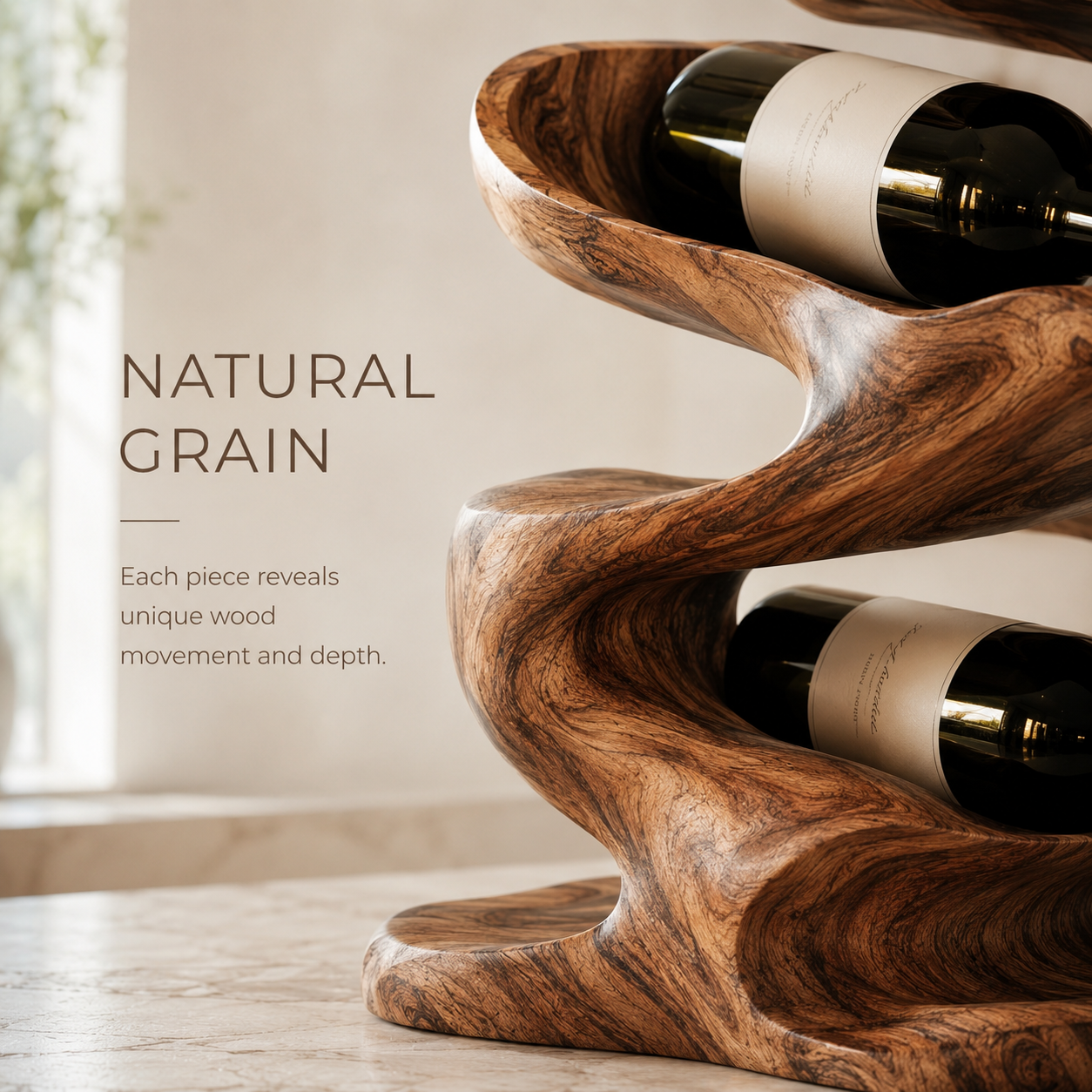 Solid Wood Wall Wine Rack with Glass Holder - River Form - product image 05