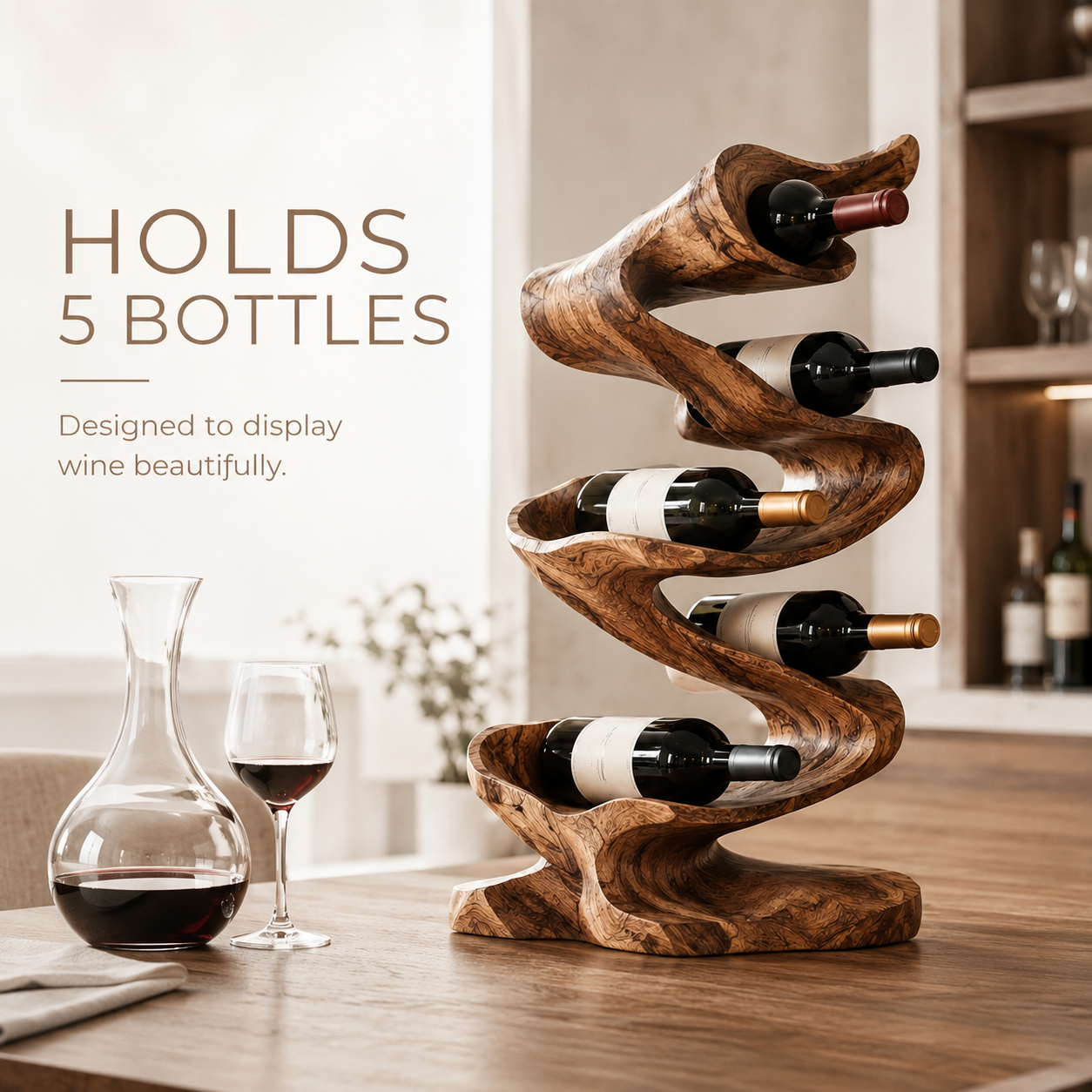 Solid Wood Wall Wine Rack with Glass Holder - River Form - product image 07