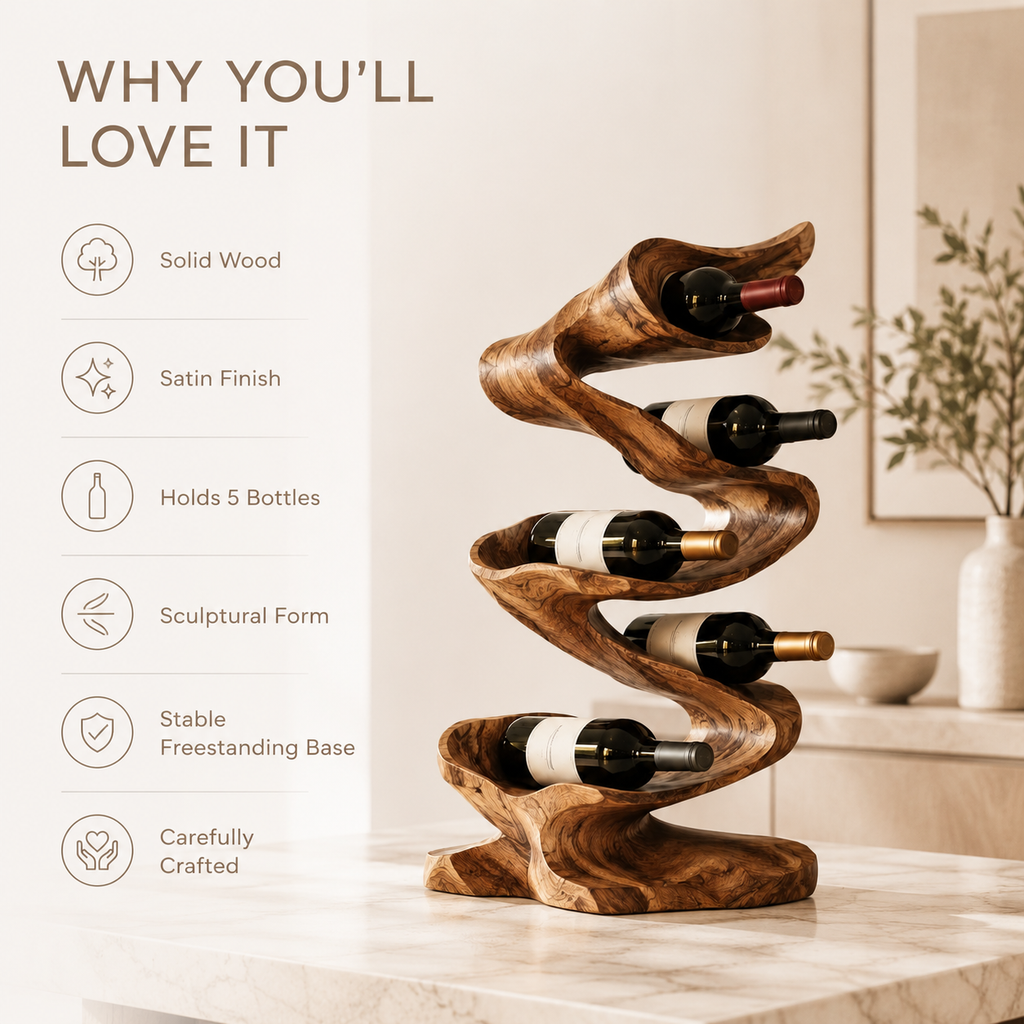Solid Wood Wall Wine Rack with Glass Holder - River Form - product image 09