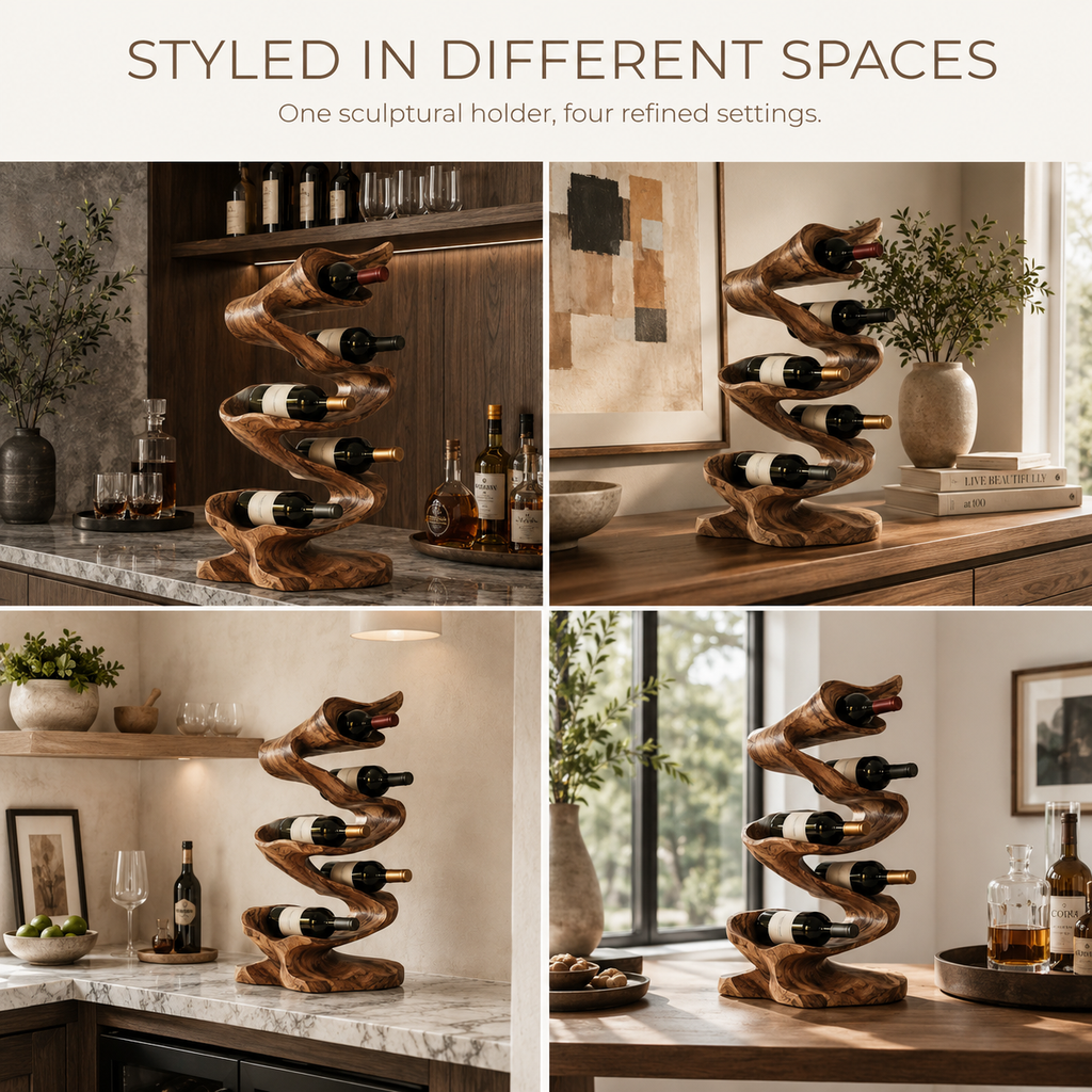 Solid Wood Wall Wine Rack with Glass Holder - River Form - product image 10
