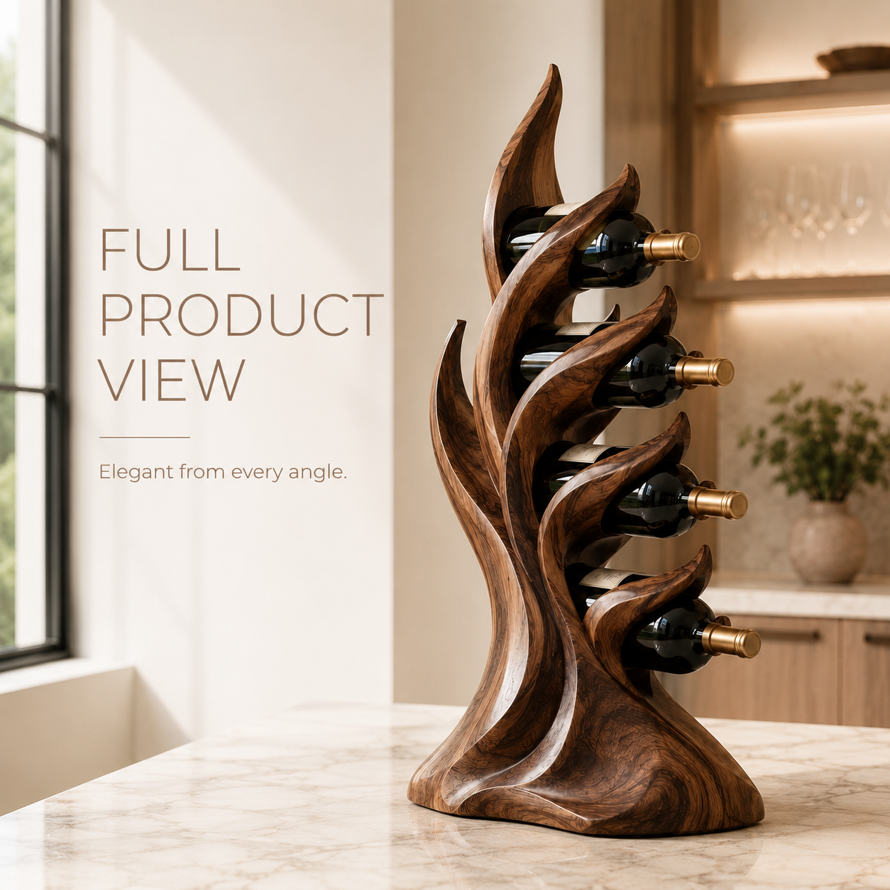 Solid Wood Wall Wine Rack with Glass Holder - Carved Halo - product image 03