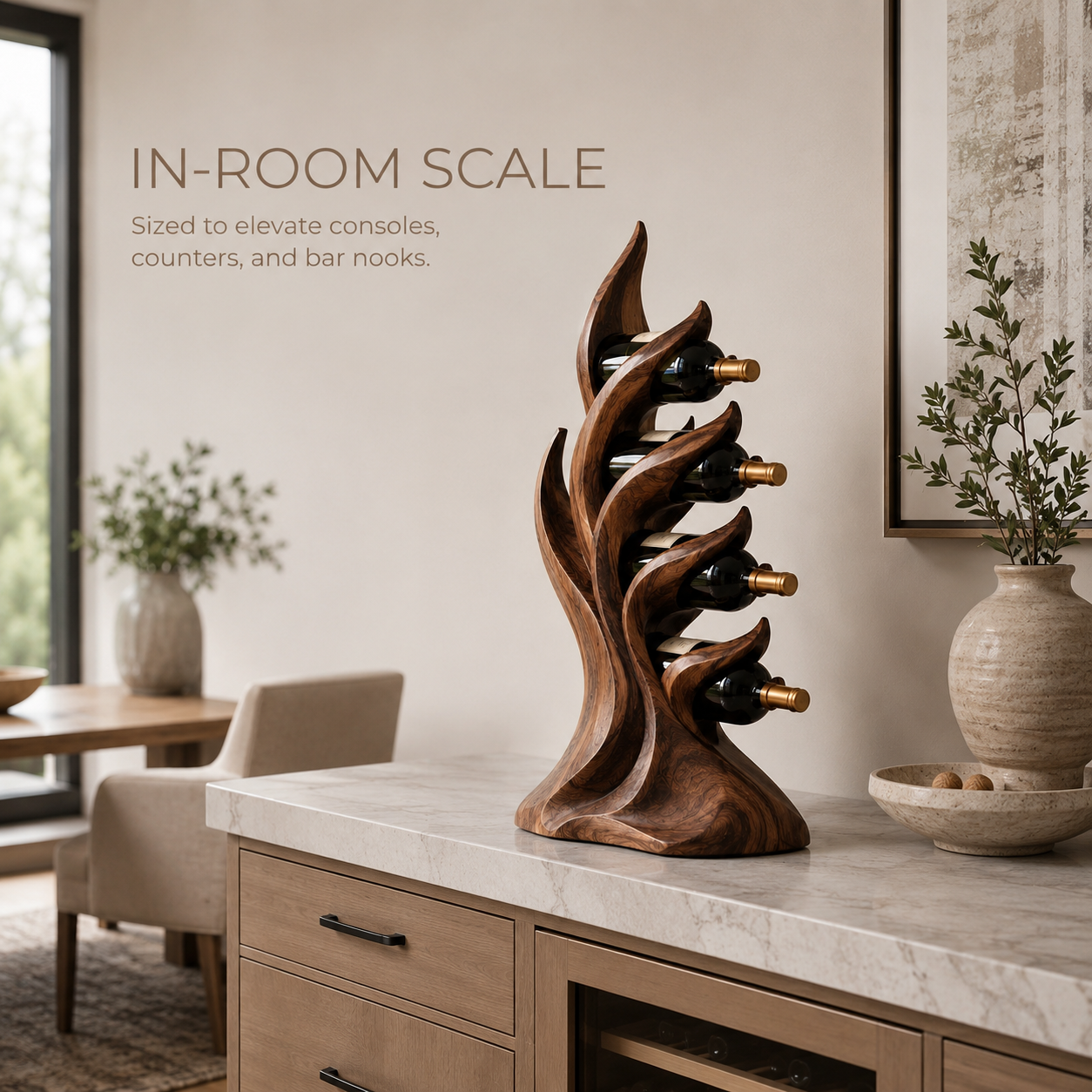 Solid Wood Wall Wine Rack with Glass Holder - Carved Halo - product image 04