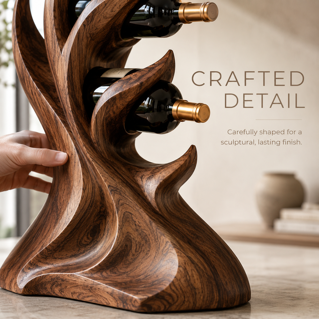 Solid Wood Wall Wine Rack with Glass Holder - Carved Halo - product image 06
