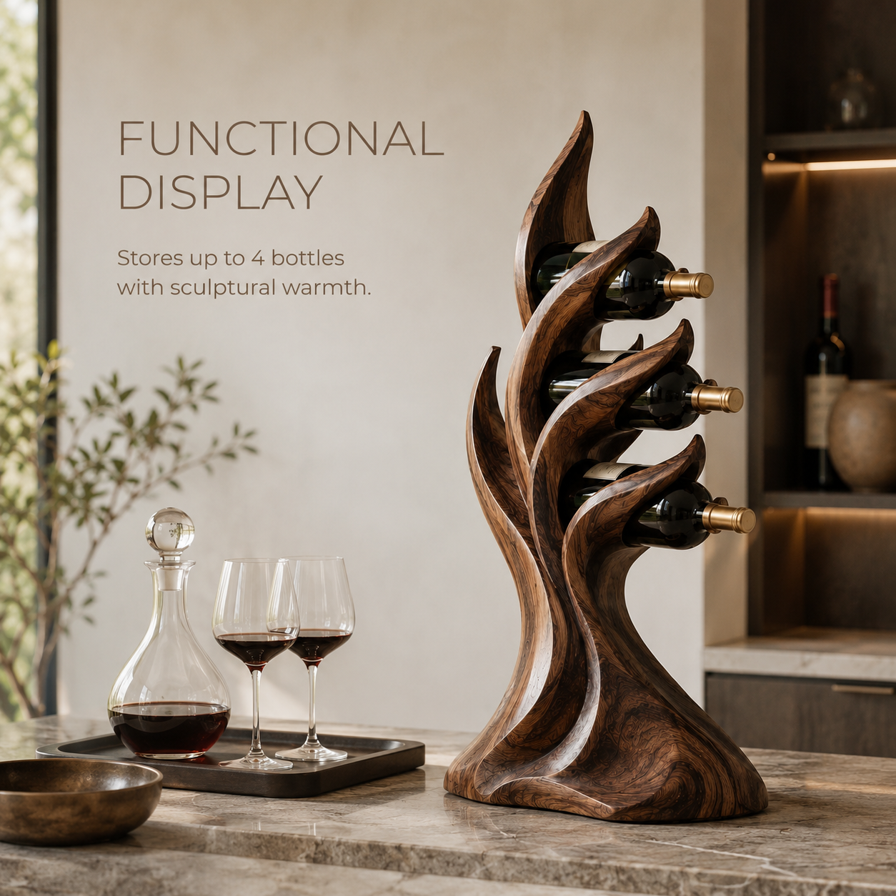Solid Wood Wall Wine Rack with Glass Holder - Carved Halo - product image 07