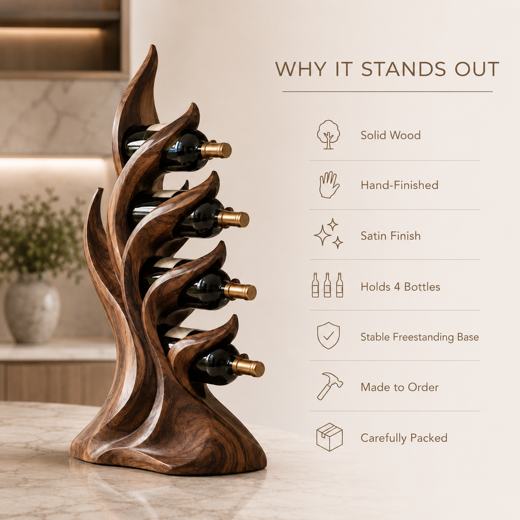 Solid Wood Wall Wine Rack with Glass Holder - Carved Halo - product image 09