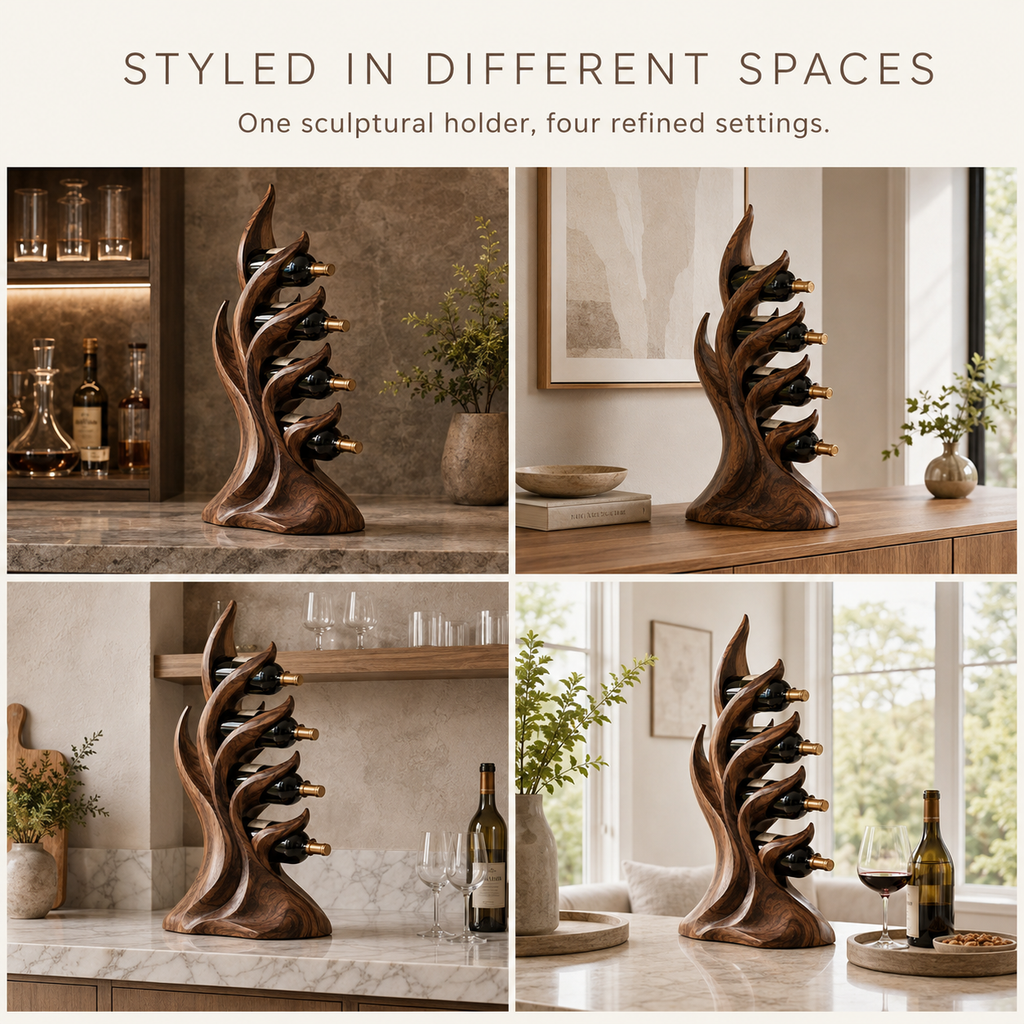 Solid Wood Wall Wine Rack with Glass Holder - Carved Halo - product image 11